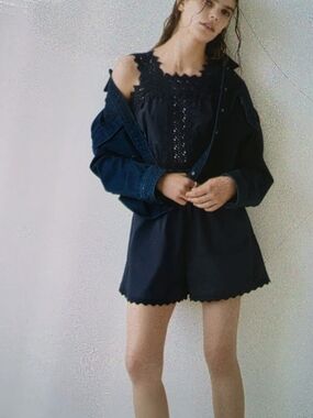 Lace Detail Romper Scalloped Navy